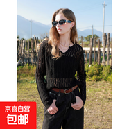 春季新款游牧風(fēng)鏤空罩衫慵懶針織衫寬松套頭衫圓領(lǐng)HU31 經(jīng)典黑 L