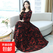 【有口袋】2025秋季裝長袖貴夫人媽媽遮肚子顯瘦氣質(zhì)過膝長款連裙 紅色 L 【建議105-115斤】