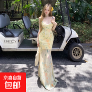 復(fù)古蕾絲油畫吊帶長裙黃色碎花魚尾設(shè)計(jì)氛圍感仙女裙 黃色 L