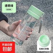 兒童大容量運動(dòng)水杯便攜戶(hù)外隨手杯學(xué)生情侶花茶杯茶水分離塑料杯 雙蓋杯-透明綠色 600ml OPP袋包裝
