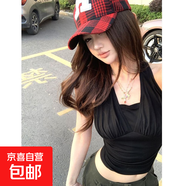 歐美辣妹黑色鏤空露背綁帶顯瘦掛脖背心純欲性感不規(guī)則抹胸上衣女 黑色【KK-R573】 S