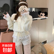錦裳淑韓系甜美荷葉邊蕾絲拼接毛衣系帶收腰設計寬松針織開(kāi)衫毛衣 米白色 均碼 建議80-145斤