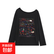2025年甜美風(fēng)線(xiàn)條貓咪狗狗印花長(cháng)袖T恤女春夏微透感寬松防曬罩衫 黑色-錦鯉B114 M