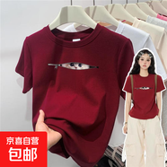 【100%純棉】2025新款韓版圓領(lǐng)短袖T恤女夏季小眾洋氣減齡上衣潮 酒紅色-拉鏈貓咪 2XL （建議115-135斤）