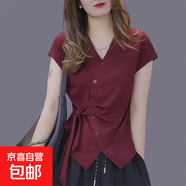 正品高檔夏季短袖襯衫女收腰顯瘦綁帶上衣中年女t恤設(shè)計感打底衫 復(fù)古紅色2676 L 建議80-110斤