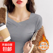 灰色時(shí)尚長袖t恤女德絨加厚加絨保暖顯瘦體恤打底衫女內(nèi)搭秋冬966 灰色 德絨加厚 M 參考95-105斤