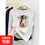 小眾卡通女孩長(cháng)袖t恤女春秋季寬松慵懶風(fēng)2025新款學(xué)院風(fēng)上衣潮 白灰色-眼鏡小女孩 L