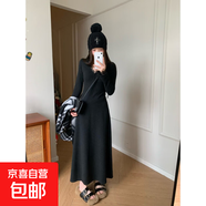 黑色蕾絲v領(lǐng)連衣裙女裝秋冬加絨加厚裙子內(nèi)搭打底裙收腰a字裙長(zhǎng)裙 黑色 XL 【建議120-130斤】