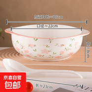陶瓷雙耳碗新款大號(hào)家用防燙釉下彩水煮魚大菜盆好看湯碗配白湯勺 桃花朵朵 2件套 10.5英寸雙耳碗1個(gè)裝+白湯勺1只
