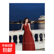 紅色港風(fēng)復古掛脖露背連衣裙夏法式無(wú)袖長(cháng)裙 橘紅色 L 【建議110-120斤】