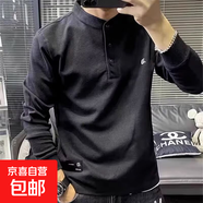 歐洲站秋冬新款帥氣衛(wèi)衣T男潮休閑簡(jiǎn)約純色刺繡潮男亨利領(lǐng)長(zhǎng)袖T恤 黑色 加絨 L