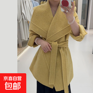 壓線(xiàn)大翻領(lǐng)墊肩系帶收腰設計長(cháng)袖中長(cháng)款雙面羊毛大衣毛呢外套秋冬 檸檬黃 S