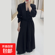 青果領(lǐng)墊肩系帶浴袍款長(zhǎng)袖加長(zhǎng)款雙面羊毛大衣女優(yōu)雅毛呢外套秋冬 純黑 S
