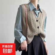 春秋季無(wú)袖針織馬甲開(kāi)衫女復古外穿背心外搭韓版寬松v領(lǐng)毛衣馬夾 1696灰色 L  【建議111斤-120斤】