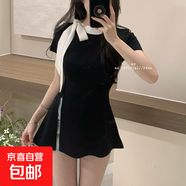 茶歇蝴蝶結(jié)綁帶針織衫女夏荷葉邊收腰開叉短袖t恤氣質(zhì)名媛風(fēng)上衣 黑白色 M