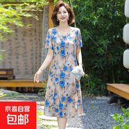 媽媽夏裝短袖碎花連衣裙時(shí)尚2025新款中老年女裝夏季顯瘦氣質(zhì)裙子 藍(lán)色 5XL 150-165斤