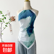 油畫(huà)上衣女夏季新款海邊度假辣妹掛脖吊帶小背心短款小上衣絲巾 DD7001-油畫(huà)藍 均碼