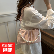 夏天小眾包包女2025新款時尚流行褶皺單肩腋下包女甜美手提小方包 粉色