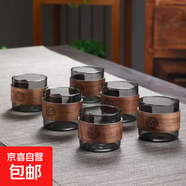 卡扣茶杯防燙手玻璃茶杯100毫升套裝耐熱茶具高硼硅玻璃杯隔熱杯 透黑色6只