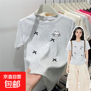 【100%純棉】2025新款韓版圓領(lǐng)短袖T恤女夏季小眾洋氣減齡上衣潮 白灰色-蝴蝶結白貓 L （建議105-115斤）