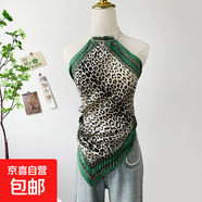 油畫上衣女夏季新款海邊度假辣妹掛脖吊帶小背心短款小上衣絲巾 DD7002-綠豹紋 均碼