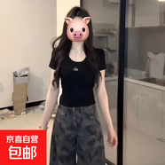 美式辣妹鏤空露背棉質(zhì)短袖t恤女夏季設(shè)計感修身收腰黑色短款上衣 1085黑色 XL 【建議110-120斤】