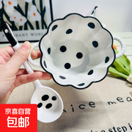 少女心草莓雙耳碗勺湯碗沙拉碗飯碗家用碗高顏值年輕人釉下彩餐具 波點(diǎn)雙耳碗（1碗1勺）
