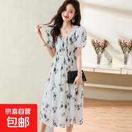 法式方領(lǐng)雪紡碎花連衣裙女氣質(zhì)溫柔風(fēng)泡泡袖收腰中長(cháng)款裙子J020 白色 XL （120-130斤）