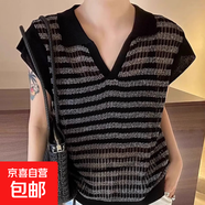 韓版針織短袖t恤女2025新款夏季薄款設計感polo領(lǐng)飛飛袖上衣 195黑條 均碼