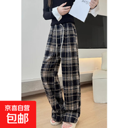加絨加厚毛呢格子褲女2024秋冬復古高腰休閑闊腿褲小眾款CYD 藏青格子 3XL