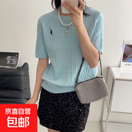 刺繡小馬麻花短袖針織衫上衣女圓領(lǐng)T恤修身打底上衣女/MC108-X 清水藍(lán) 均碼 （80-130斤）
