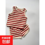【韓版ins條紋寶寶套裝】圓領(lǐng)背心 短褲華夫格條紋套裝男女寶寶 紅條 90 cm
