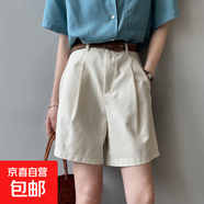 工裝短褲女韓版高腰顯瘦時(shí)尚寬松直筒百搭闊腿休閑A字褲J9573 米白色-含腰帶 M (110斤以下)