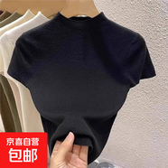 半高領(lǐng)針織衫女夏季新款洋氣修身顯瘦正肩冰絲短袖T恤上衣BYNT 黑色 L