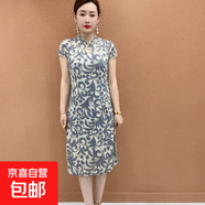 媽媽夏季短袖改良冰絲旗袍連衣裙2025新款顯瘦中老年復(fù)古優(yōu)雅裙子 淺藍(lán)鳳尾花 2XL 105-120斤