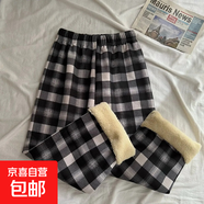 加絨加厚直筒褲冬季仿羊羔絨高腰保暖休閑褲子女長(cháng)褲 白格(加絨不掉色) XL 121-140斤可穿
