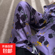 2025年新款棉綢睡褲女春秋夏季家居褲可外穿涼涼褲長(cháng)褲大碼闊腿褲 紫韻 L （建議110-135斤）