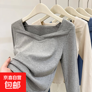 設計感方領(lǐng)長(cháng)袖t恤女德絨加厚加絨顯瘦體恤打底衫女內搭秋冬966 灰色 莫代爾薄款 M 參考95-105斤