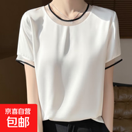 夏新款韓版女圓領上衣寬松網(wǎng)紗拼接絲滑緞面時尚性感百搭短袖t恤Q 白色 XL 體重115-130