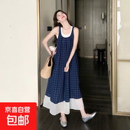 藍色格子無袖連衣裙法式文藝風(fēng)森系復(fù)古小清新度假吊帶背心長裙 藍色格子裙 S 【建議90-100斤】