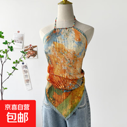 油畫上衣女夏季新款海邊度假辣妹掛脖吊帶小背心短款小上衣絲巾 DD7001-白樺林 均碼