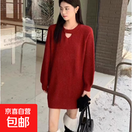 錦裳淑冬季新款套頭亮絲線(xiàn)寬松百搭韓版中長(cháng)款針織毛衣連衣裙女Z7 紅色 XL