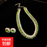 鑲鉆祖母綠方形耳釘項(xiàng)鏈兩件套潮流高級(jí)感優(yōu)雅耳環(huán)小眾百搭套裝女 銀色-綠色（兩件套）