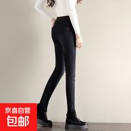 黑色松緊腰加厚加絨牛仔褲女冬高腰小腳九分褲顯瘦大碼胖外穿潮 黑色長褲【單褲】 34