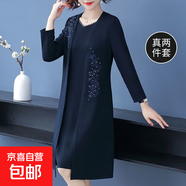 春秋連衣裙兩件套新款闊太太洋氣中年中老年女裝春秋風(fēng)衣外套ZHFS 藏青色 L