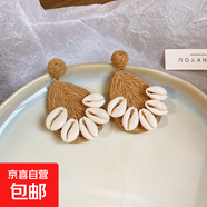 春夏度假風(fēng)拉菲草編織貝殼耳環(huán)波西米亞海邊耳釘輕奢高級感耳飾女 鋼針-水滴