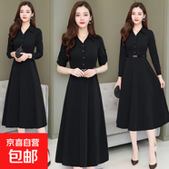 中長(cháng)款polo領(lǐng)連衣裙女春季新款韓版收腰氣質(zhì)闊太太長(cháng)袖簡(jiǎn)約裙ZHFS 黑色 送腰帶 2XL 建議130-145斤