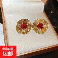 銀針滴油圓形橢圓形褶皺紋路耳釘歐美宮廷風(fēng)耳環(huán)小眾設(shè)計(jì)感耳飾女 銀針-金色-紅色橢圓形