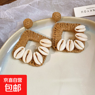 春夏度假風(fēng)拉菲草編織貝殼耳環(huán)波西米亞海邊耳釘輕奢高級感耳飾女 鋼針-金色-方形