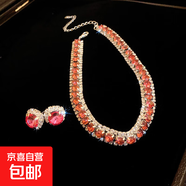 鑲鉆祖母綠方形耳釘項(xiàng)鏈兩件套潮流高級(jí)感優(yōu)雅耳環(huán)小眾百搭套裝女 銀色-玫紅色（兩件套）